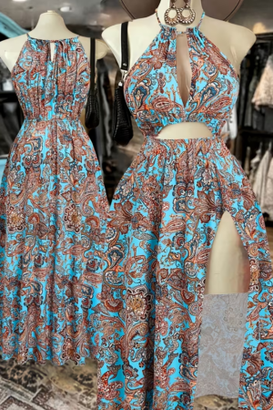Bohemian Paisley Print Halter Maxi Dress