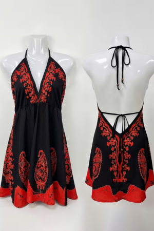 Vintage Halter Neck Lace-Up Maxi Dress