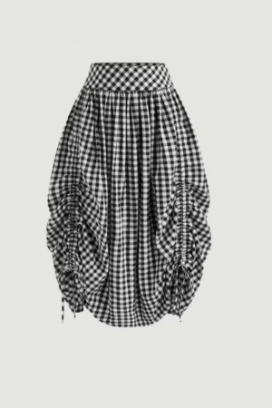 Vintage Black & White Checkered Pleated Midi Skirt