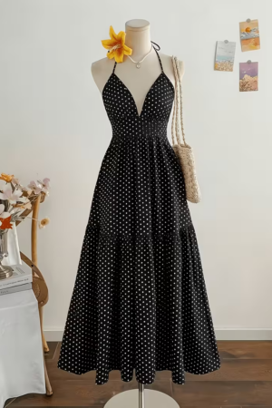 Elegant Polka Dot Halter Maxi Dress