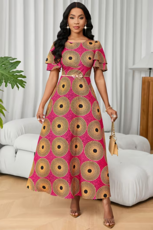 Vintage Print Waist-Cinching Maxi Dress