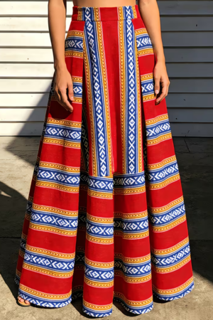 Ethnic Geometric Color-Block Flared Maxi Skirt