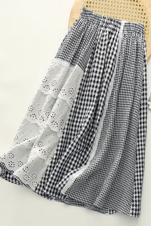 Lace Patchwork Checkered A-Line Midi Skirt