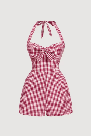 Plaid Halter Bow-Knot Summer Jumpsuit