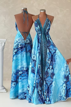 Blue Wave Print Halter Neck Maxi Dress