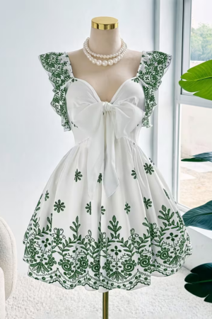 French Vintage Bow Print Midi Dress