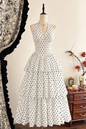 French Vintage Polka Dot Halter Neck Dress