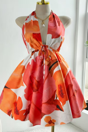 Floral Print Bow Tie Casual Midi Dress