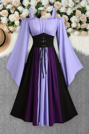 Off-The-Shoulder Ruffled Color-Block A-Line Dress