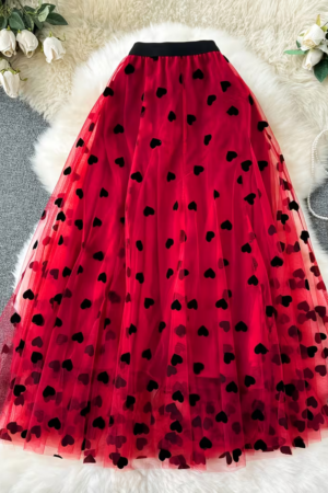 French Vintage Heart Flocked Mesh Midi Skirt