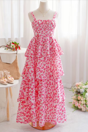 Rose Floral Spaghetti Strap Layered Midi Dress