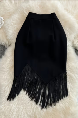 Black High-Waisted Irregular Fringe Midi Skirt