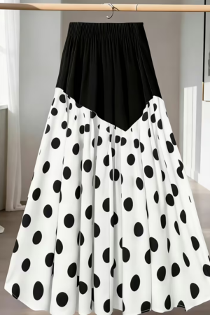 High-Waisted Polka Dot Patchwork Midi Skirt