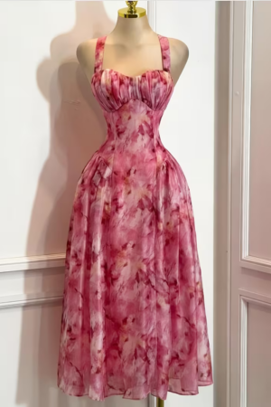Elegant Floral Print Halter Neck Maxi Dress