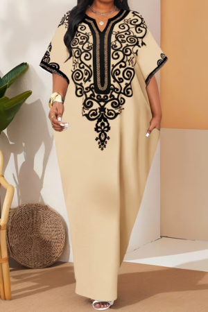 Baroque Print Notched V-Neck Maxi Dress